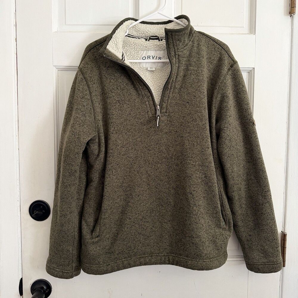 Orvis Men’s M Sherpa Lined 1/4 Zip Pullover Olive Brown Fleece Pockets